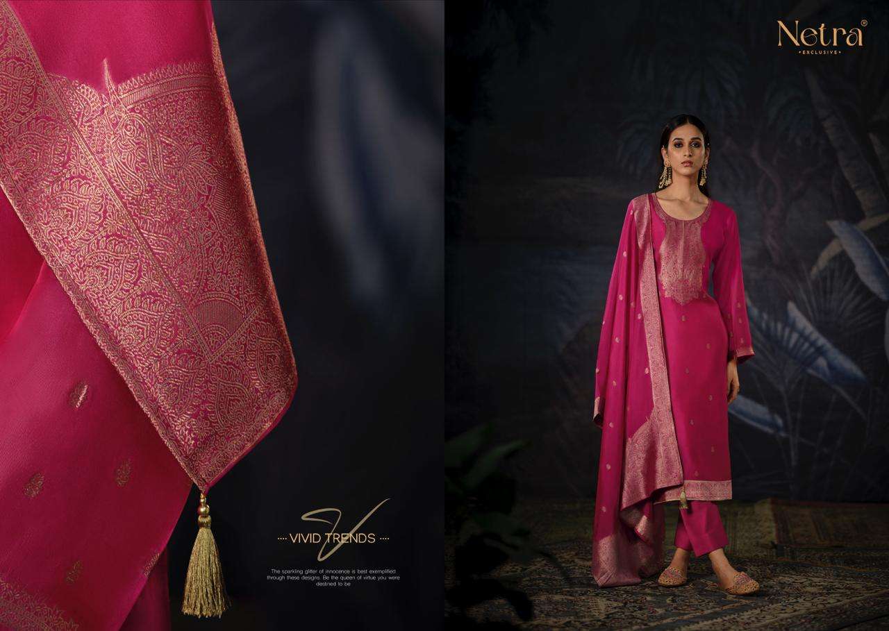 Netra Vrisa Hit Designs Fancy Jacquard Silk Suit Catalog Exporter