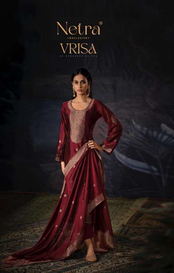 Netra Vrisa Hit Designs Fancy Jacquard Silk Suit Catalog Exporter