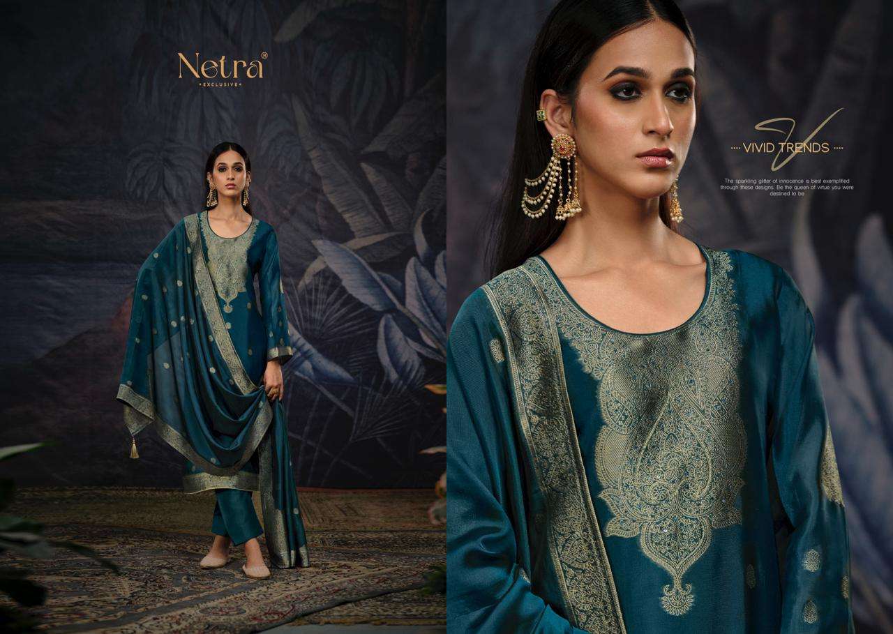 Netra Vrisa Hit Designs Fancy Jacquard Silk Suit Catalog Exporter