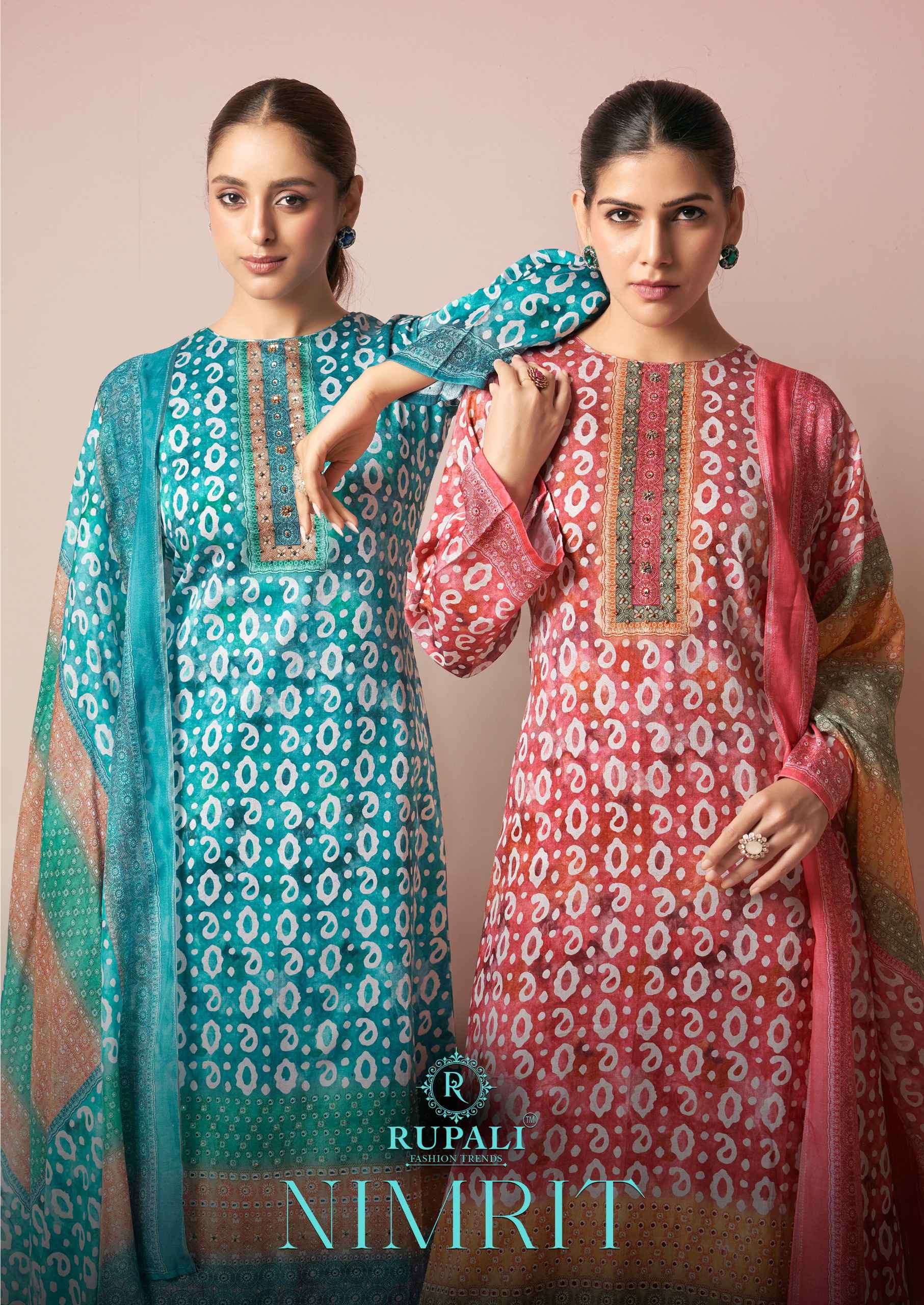 Rupali Fashion Nimrit Pure Jam Satin Fancy Suit Catalog Exporters