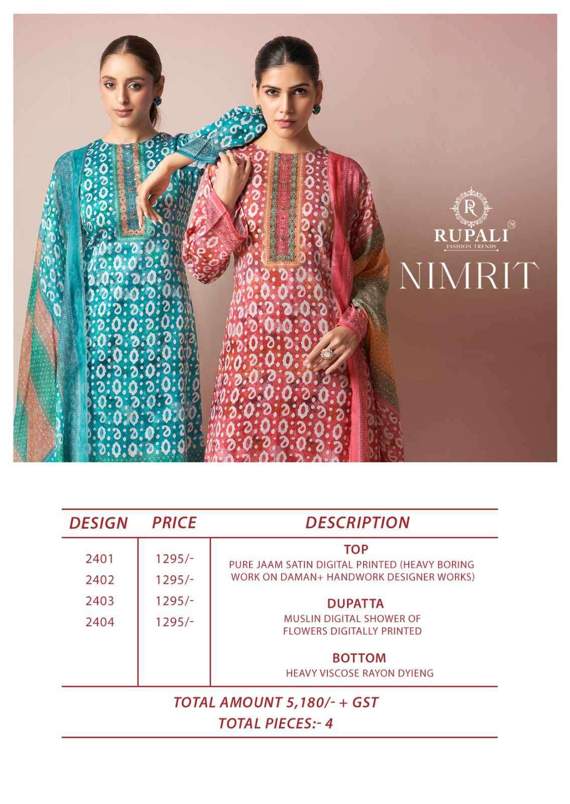 Rupali Fashion Nimrit Pure Jam Satin Fancy Suit Catalog Exporters